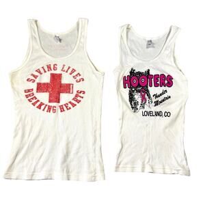 Pair of Women's American Apparel Hooters Colorado White Tank Tops - Sizes S & M